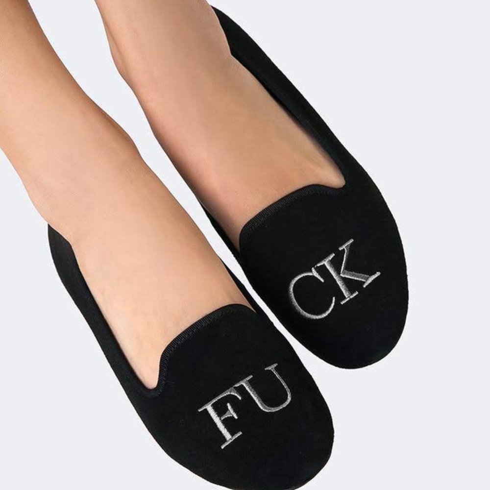 YRU F*€K you lavish demonia flat slip on suede black shoes size 9/39